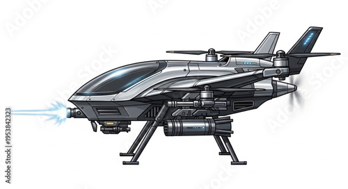Futuristic drone aircraft with advanced weaponry and landing gear, ready for action.