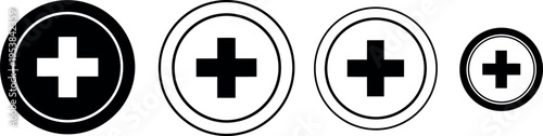 Four black and white medical cross symbols in varying sizes