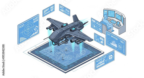Isometric view of a military drone with advanced technology and control screens.