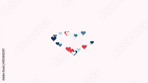 Artistic display of numerous small blue, red, and white hearts meticulously arranged to form a larger heart shape, embodying love, romance, and affectionate sentiment