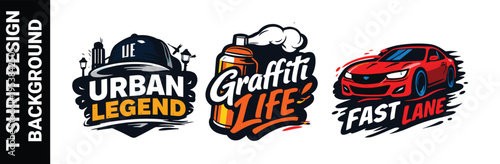Set of three cool t-shirt designs featuring urban legends, graffiti, and fast cars