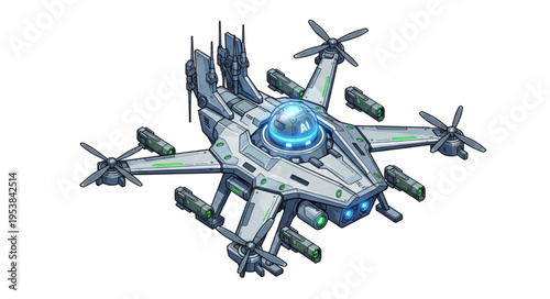 Futuristic aerial vehicle with multiple propellers and advanced technology design.