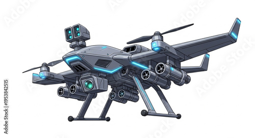 Advanced military drone with multiple rotors and advanced technology for surveillance and combat missions.