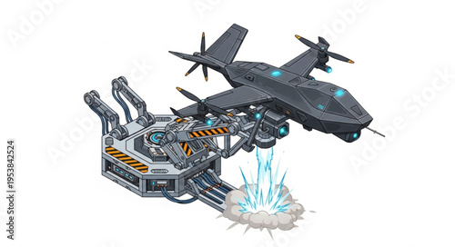 Futuristic aircraft hovering above a powerful energy weapon system, ready for combat.