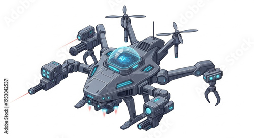 Futuristic drone with multiple arms and advanced technology, ready for action.