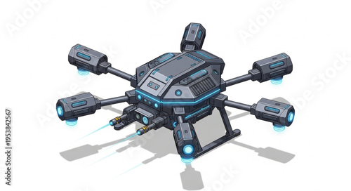 Futuristic combat drone with advanced weaponry and surveillance capabilities, ready for action.