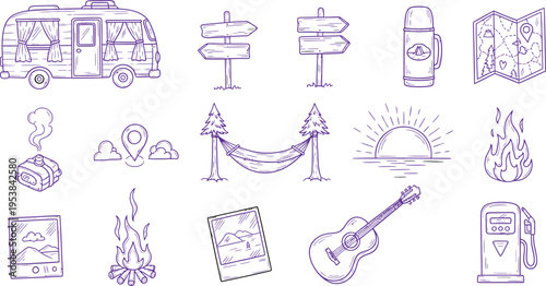 A delightful hand-drawn doodle collection of various camping and outdoor adventure themed icons, including a camper van, campfire, tent, hammock, and directional signs.