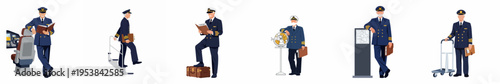 Set of flat vector illustrations depicting a professional airline pilot in uniform in various travel and aviation-related scenarios.