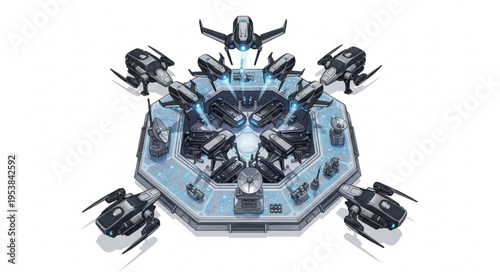 Futuristic technological structure with multiple mechanical components and advanced design.