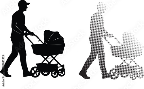 A clear black silhouette and a complementary halftone version depict a man confidently pushing a baby stroller, illustrating fatherhood, childcare, and parental responsibilities.