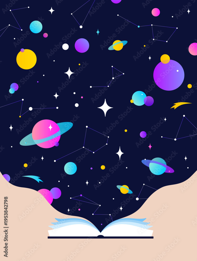 Obraz premium Book, Imagination, Dreams. Cosmos story, space imagination. Open book storybook for children. Online books, digital library storytelling, story store. Best sellers top list. Vector Illustration