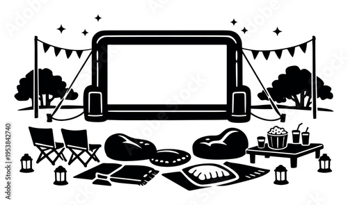 Backyard outdoor cinema scene showing an inflatable projection screen, bean bag chairs, folding chairs, lanterns, popcorn, and drinks