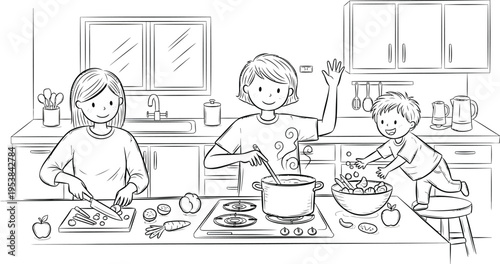 A joyful family, consisting of a mother, father, and young child, is happily cooking together in a kitchen, preparing a meal in a charming hand-drawn line art style.