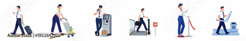 Vector flat illustration set of diverse airline crew members, including pilots and flight attendants, performing various duties at an airport terminal.