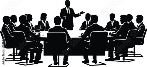 A powerful silhouette illustration depicts a business leader giving an important presentation to their attentive team members around a conference table during a corporate meeting.