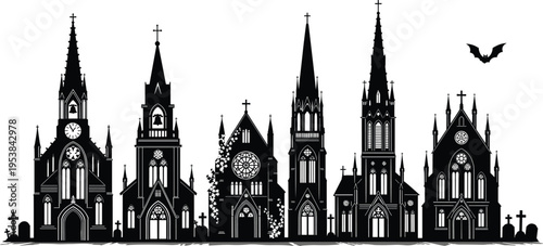 Collection of Gothic Church Silhouette Vector Illustration Set, Haunted Cathedral and Cemetery Graveyard with Flying Bat for Halloween Spooky Horror and Religious Architecture