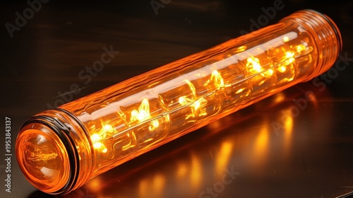 A close-up of a long, amber-colored glass tube filled with a string of incandescent lights, casting a warm glow on a dark surface.