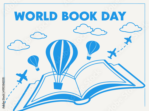 World Book Day illustration with blue hot air balloons and airplanes flying around an open book