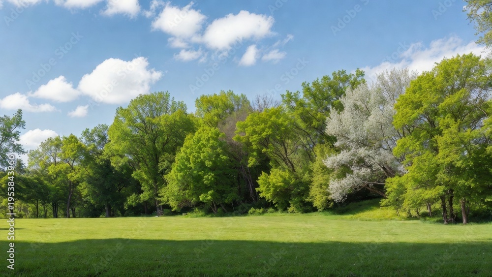 Fototapeta premium Green park meadow with dense trees under bright blue sky