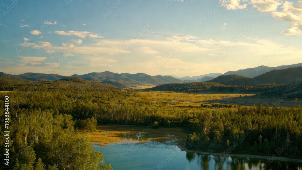 Fototapeta premium Wide valley with river and distant mountain ranges at sunset