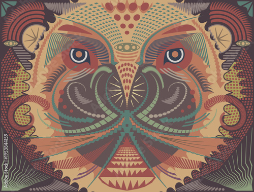 Ornamental Wild Cat Face Folk Art Illustration in Earth Tones