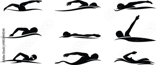 Collection of nine black swimmer silhouettes in various strokes and positions, freestyle, butterfly, backstroke, breaststroke, stylized motion water wave elements for design concepts