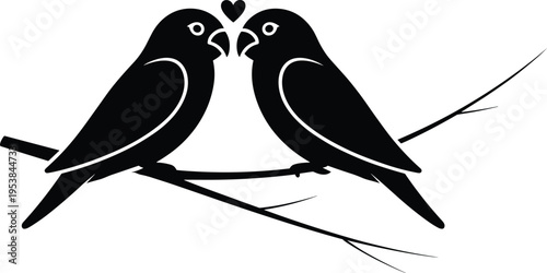 Two lovebirds sitting on tree branch with heart, romantic parrot silhouettes, black bird couple vector illustration isolated on white background, nature art