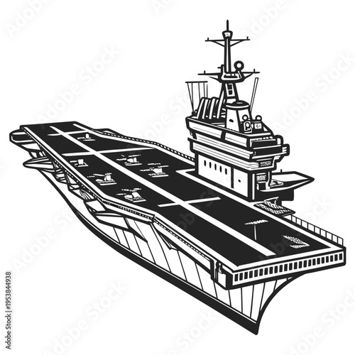 Black and white of an aircraft carrier ship naval military