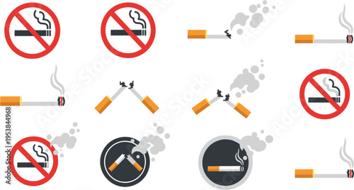 Vector illustration set of smoking and no-smoking icons with cigarettes, broken cigarettes, smoke, and prohibition signs
