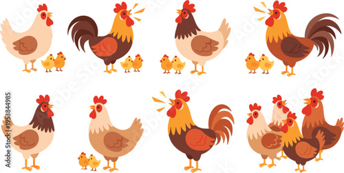 Cartoon vector illustration set of roosters, hens, and chicks in various poses for farm, children, and animal designs