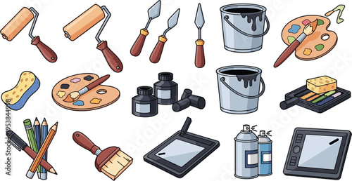 Cartoon vector illustration set of painting and drawing tools including brushes, rollers, palettes, ink, pencils, tablets, and art supplies
