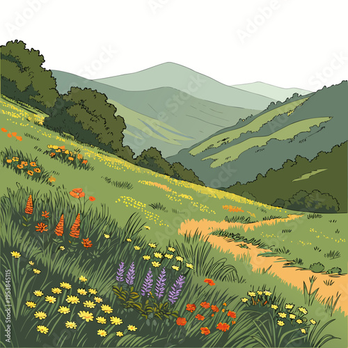 Wildflowers on a green hillside with trees landscape