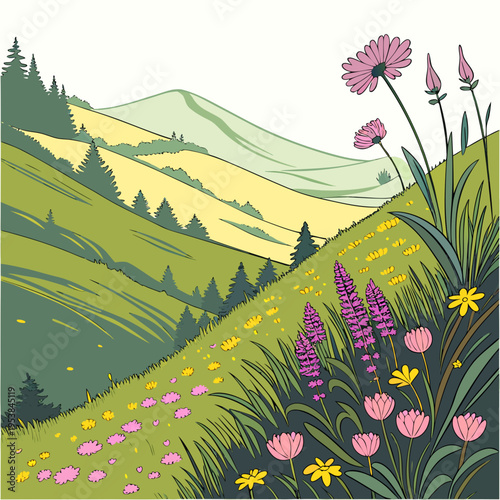 Colorful flowers and trees on a green hillside landscape