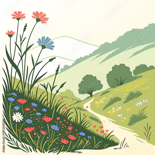 Colorful flowers on a hillside with a winding path