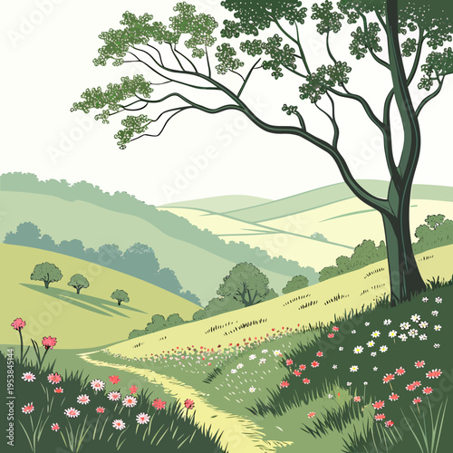 Of a tree on a hillside with wildflowers green landscape