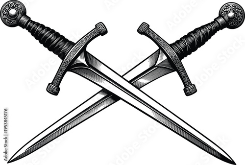 Crossed medieval swords vintage engraved illustration, detailed knight weapon blades forming heraldic emblem symbol of battle, warfare, honor and historical combat design