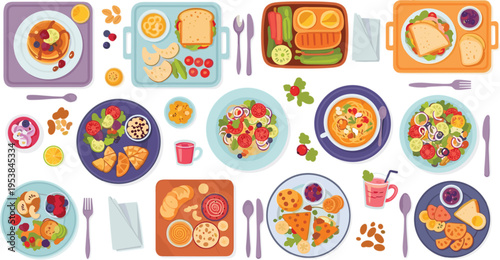 Vector illustration set of healthy meals and food trays with fruits, salads, bread, pastries, drinks, and utensils top view