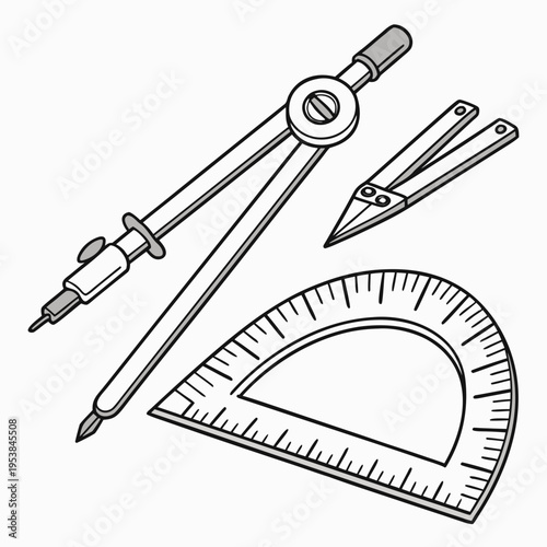 Compass, pencil and protractor tools stationery