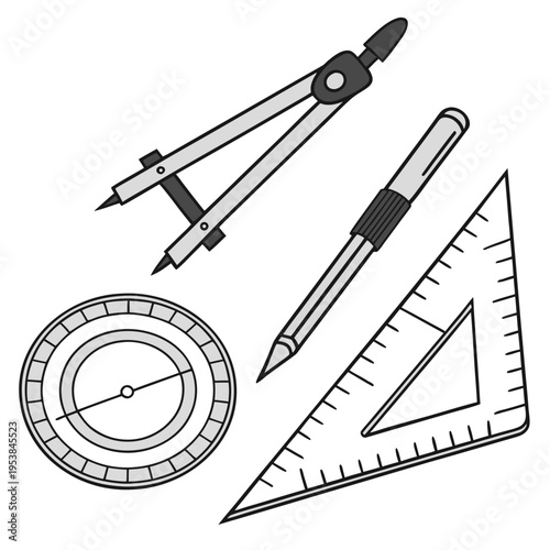 Compass, pencil, protractor and triangle tools