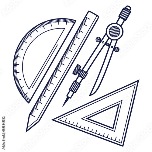 Tools on white background compass ruler protractor