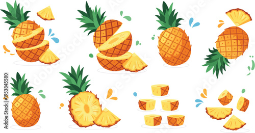 Vector illustration set of whole and sliced pineapples in playful cartoon style for tropical, food, and summer designs