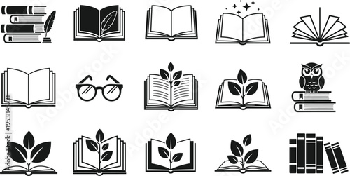 Book and reading icon collection with open books, stacked books, owl, glasses and leaf symbols, black education vector set isolated on background