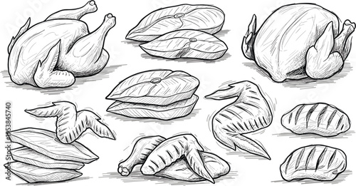 Hand-drawn vector illustration set of different types of meat including whole chicken, wings, and assorted cuts in sketch style