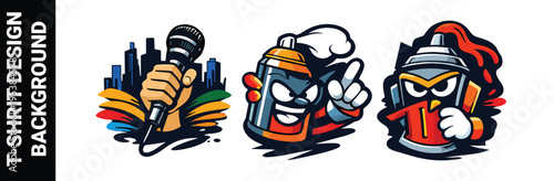 Set of three street art and music inspired t-shirt designs featuring a microphone and spray cans