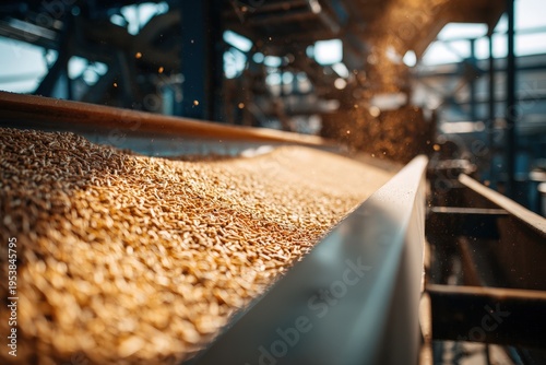 Grain moves along a conveyor belt in a processing facility during the morning hours of a busy workday