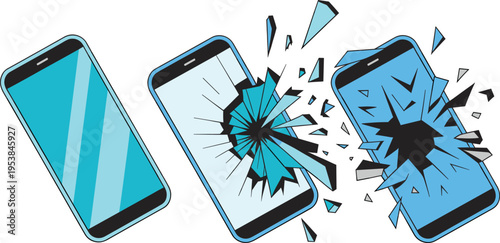 Broken smartphon ecracked phone  screen explosion illustration, cracked mobile display sequence, device damage concept, phone repair service, shattered glass effect, modern vector design