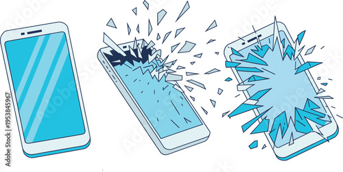 Broken smartphone explosion impact illustration, cracked mobile screen burst effect, device damage concept, phone repair service, shattered glass pieces, modern vector design