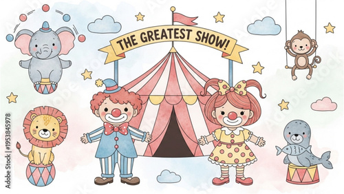 Clown and children play near tent at joyful outdoor circus event with animals