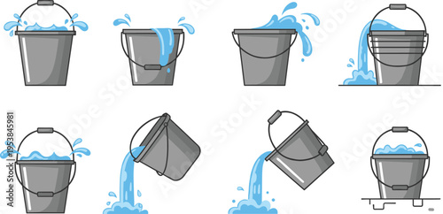 Water Bucket Vector Illustration Set with Pouring, Splashing, Filling, and Spilling Actions, Household Cleaning and Liquid Container Scenes Collection