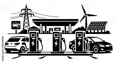Electric vehicles charging at a station, integrating renewable energy from wind turbines and solar panels, connecting to the power grid